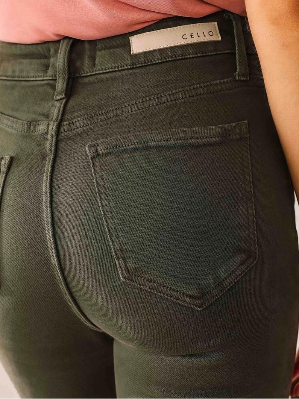 Cello Olive Green Denim Waistband Detail High Rise Flare Stretch Jean Size 7 - Picture 3 of 15
